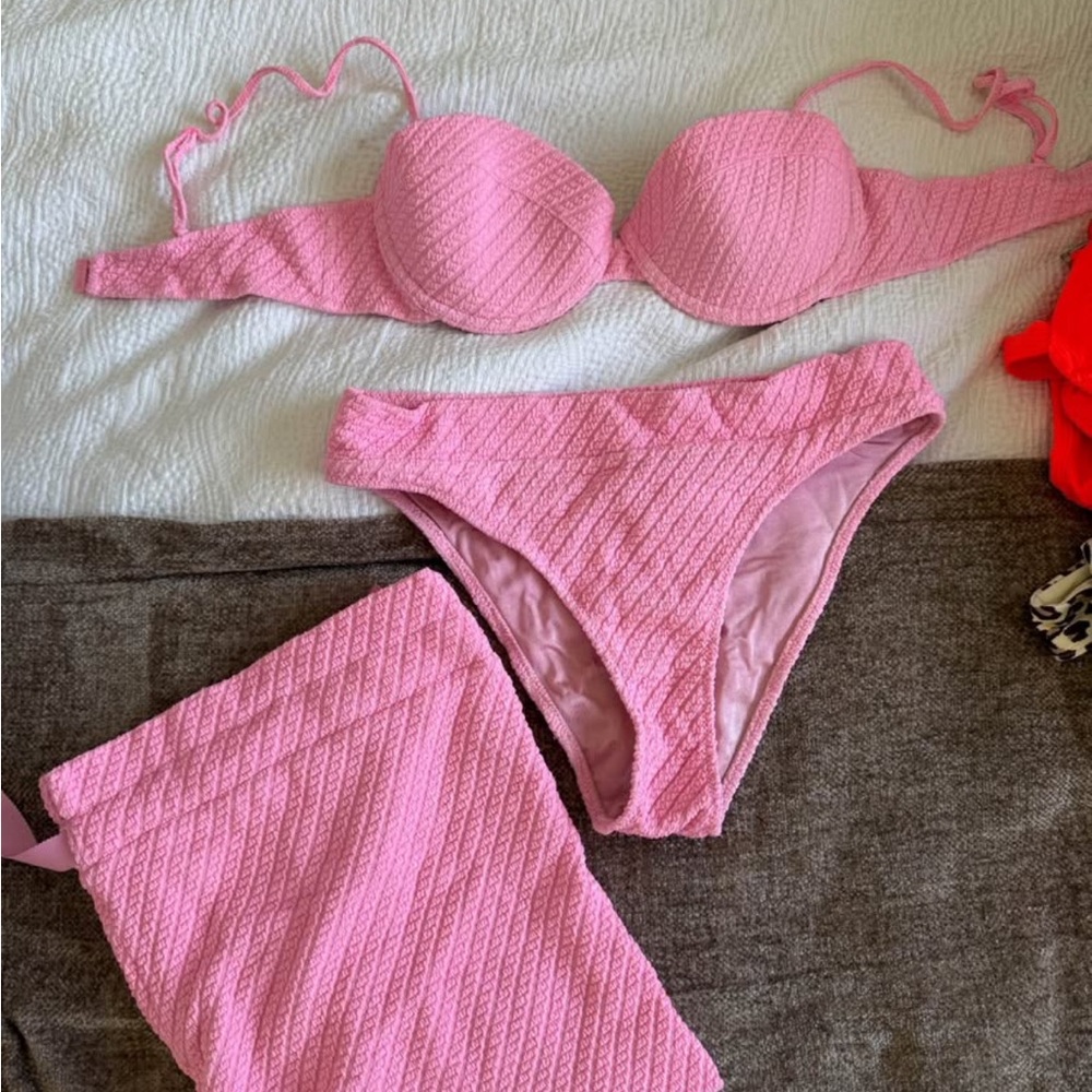 Triangle Swim Pink Textured Bikini Set top M bottoms L